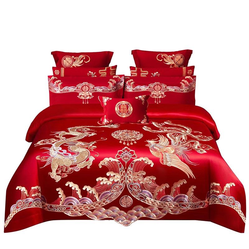 高档中式婚礼100支纯棉婚庆四件套 大红绣花全棉结婚床上用品龙凤