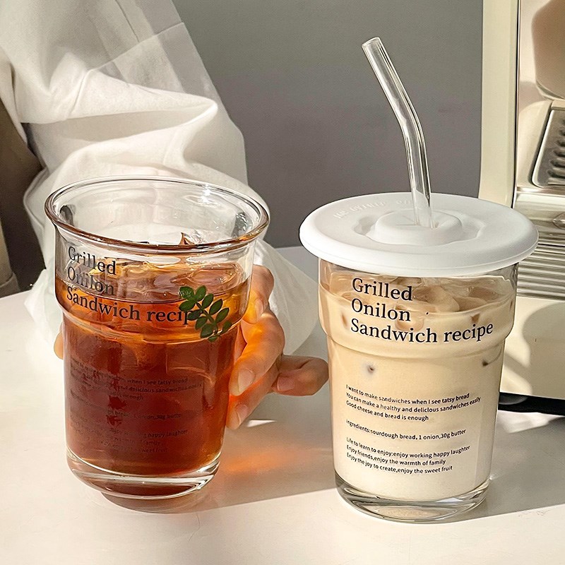 高颜值带盖带吸管字母玻璃杯子家用喝水杯子冰美式拿铁饮品咖啡杯