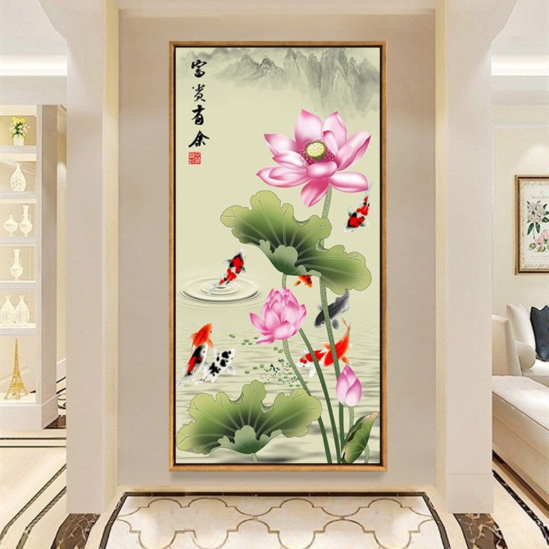 中式客厅走廊过道玄关装饰画竖版单幅挂画荷九鱼图招财壁画墙画