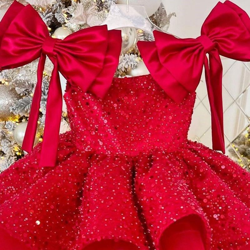 女童晚礼服公主裙红色蓬蓬纱裙小主持人高端钢琴演出服生日亮片仙