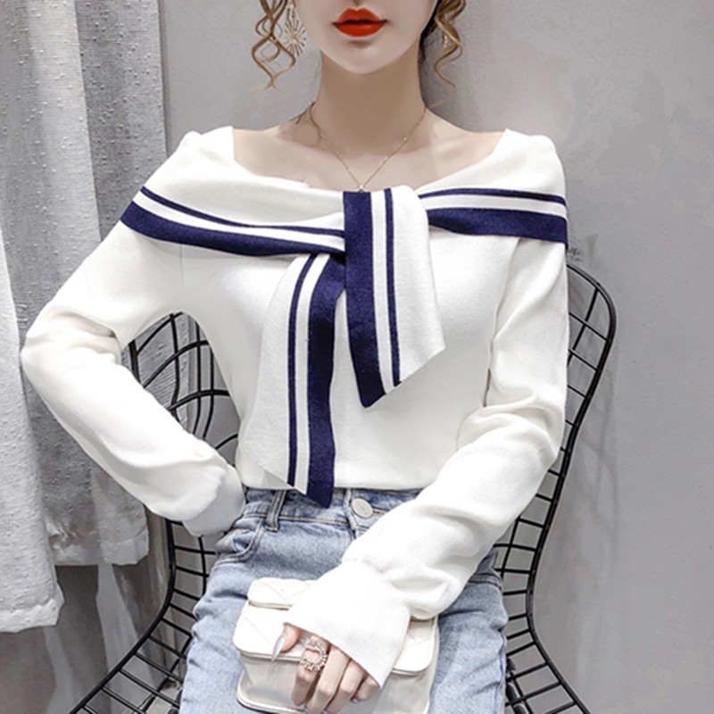 网红直播衣服女主播服装上镜性感一字肩挂脖上衣露肩长袖针织衫秋