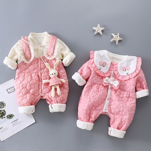 初春婴儿连体衣春秋款女宝加绒薄棉0-6个月宝宝衣服秋冬夹棉超萌