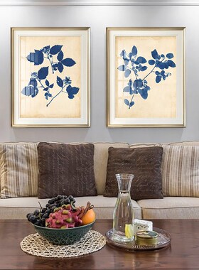 简美餐厅书房背景植物挂画卧室床头画蓝色树叶装饰画美式饰品墙画