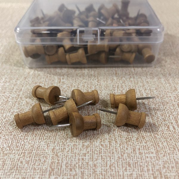 盒装木质图钉按压钉软木板钉子桦木制造多用途艺术创意标注钉包邮