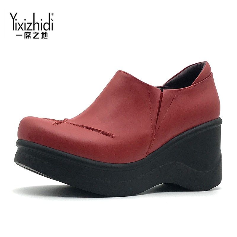 一席之地新款女鞋春季秋季纯皮圆头宽底坡跟条纹个性深口休闲皮鞋,女鞋,深口单鞋,淘宝优惠券,粉丝福利购,淘宝优惠卷