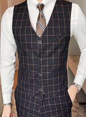 男士格子西服套装韩版休闲西装外套修身新郎结P婚伴郎X礼服商务正