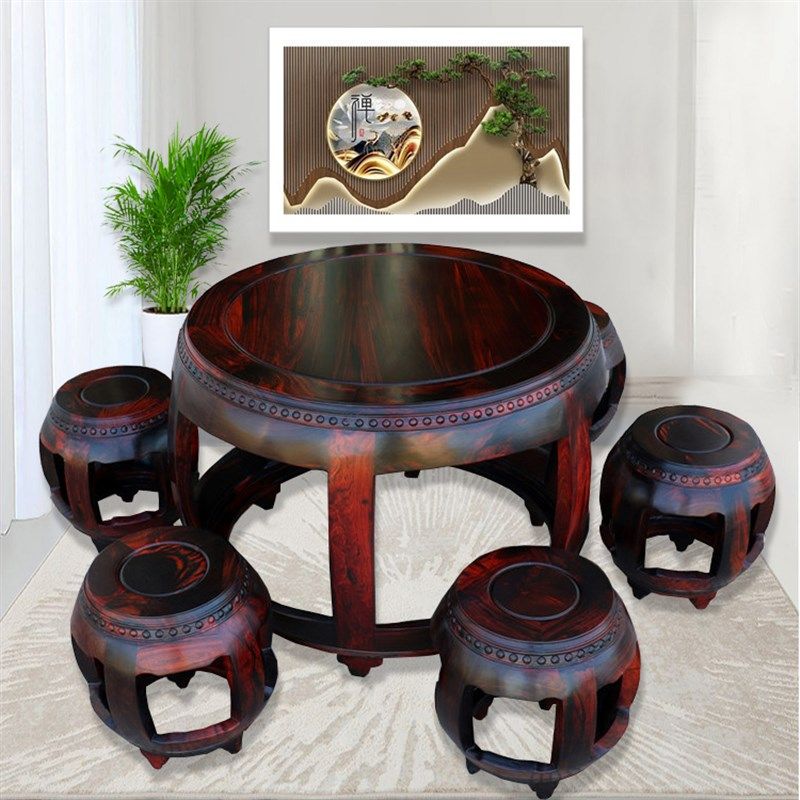 红木家俱寮国大红酸枝圆餐桌鼓桌 交趾黄檀中式整木饭桌椅组合7件,住宅家具,红木餐桌,淘宝优惠券,粉丝福利购,淘宝优惠卷