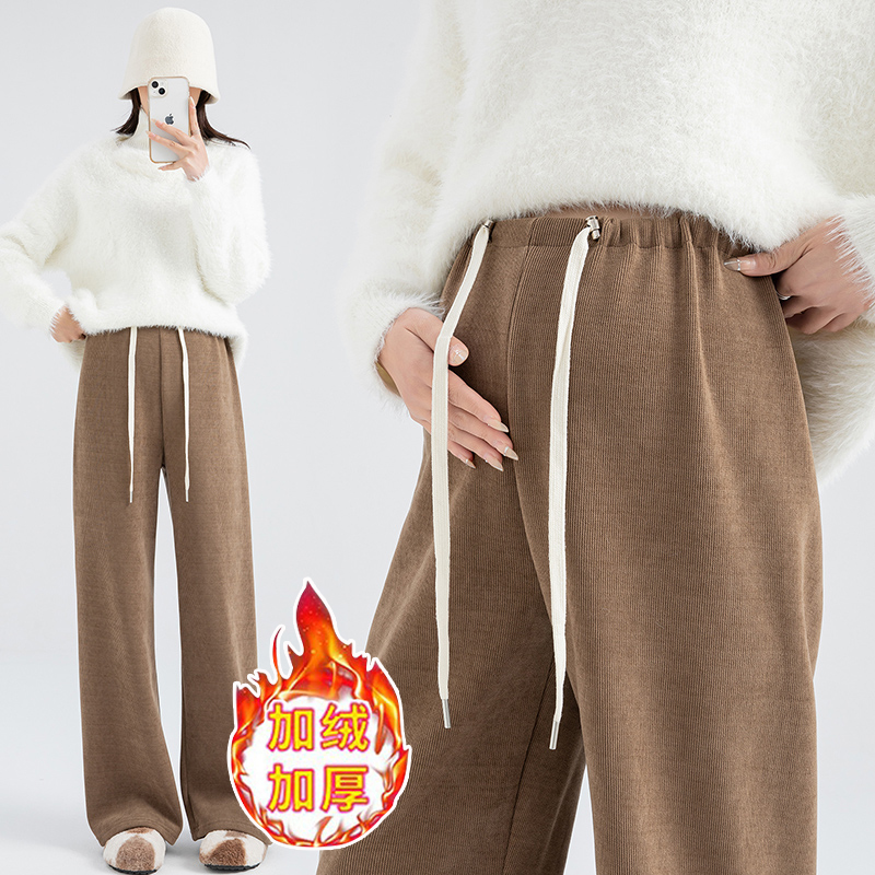 孕妇裤子外穿2024新款春秋冬加绒加厚保暖卡其色无托腹宽松阔腿裤