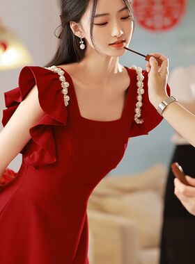 订婚礼服新娘敬酒服茶歇法式高级感红色连衣裙宴会气质小众裙子夏