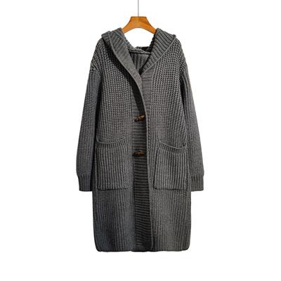 中长款连帽针织开衫外套女秋冬新款E宽松慵懒风加厚粗毛线大衣外