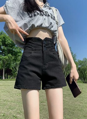 黑色牛仔超短裤女夏季春秋2u025年新款高腰显瘦阔腿设计感a字热裤