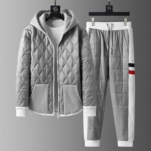 高端羽绒棉休闲套装男士冬季卫衣开衫连帽夹棉加厚棉衣棉服两件套