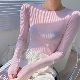 粉色t恤女长袖2024早秋新款女式打底衫修身高端网纱Y透明上衣薄款