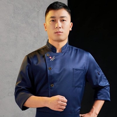酒店高端餐饮厨师工作服男女饭店食堂厨房秋季Q工装蓝色七分袖新