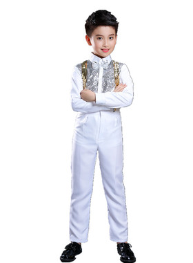 儿童公主连衣裙小学生合唱服亮片演出服装女童红色蓬蓬纱裙中国风