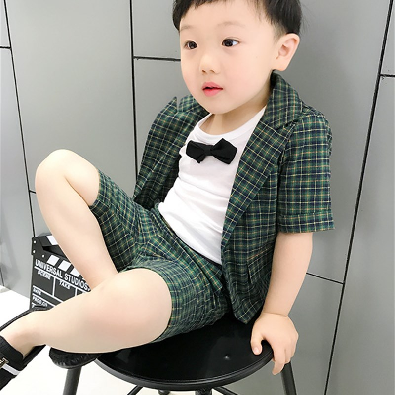 2男童礼服英伦格子小西装3儿童短袖三件套5夏季4岁宝宝7花童套装6
