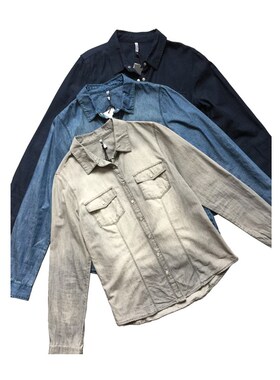 春夏 新款欧美明星街拍简约显瘦百搭珍珠扣烟灰色休闲牛仔衬衫女