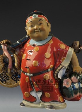 中式吉祥童子夫妻客厅门s厅博古架玄关酒柜石湾公仔陶瓷手工摆件