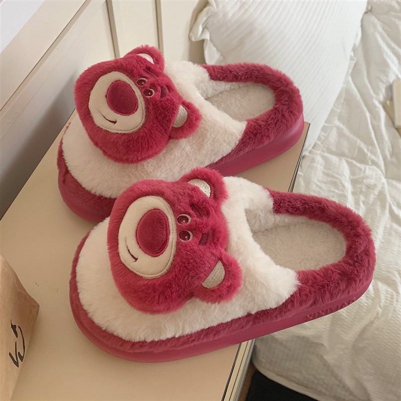 立体草莓熊玩具总动员情侣棉拖鞋男女冬季室内防滑保暖毛绒月子鞋