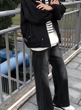 小白新款水洗复古做旧微喇叭牛仔长裤男女L同宽松休闲百搭阔腿学