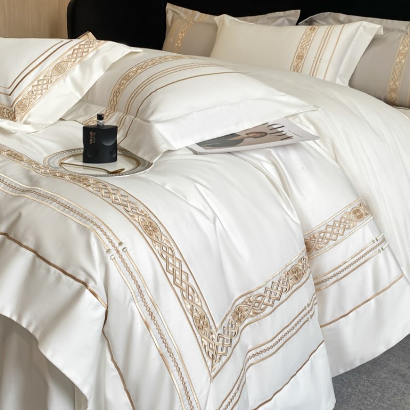 轻奢高级感200支全棉床单四件套纯棉欧式刺绣R被套床上用品床笠款