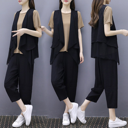 微胖妹妹显瘦套装大码女装2021夏装新款洋气减龄宽松马甲三件套女