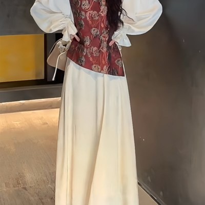 三吉黑花【花满溪】新中式国风提花假两件连衣裙子今年流行长裙潮