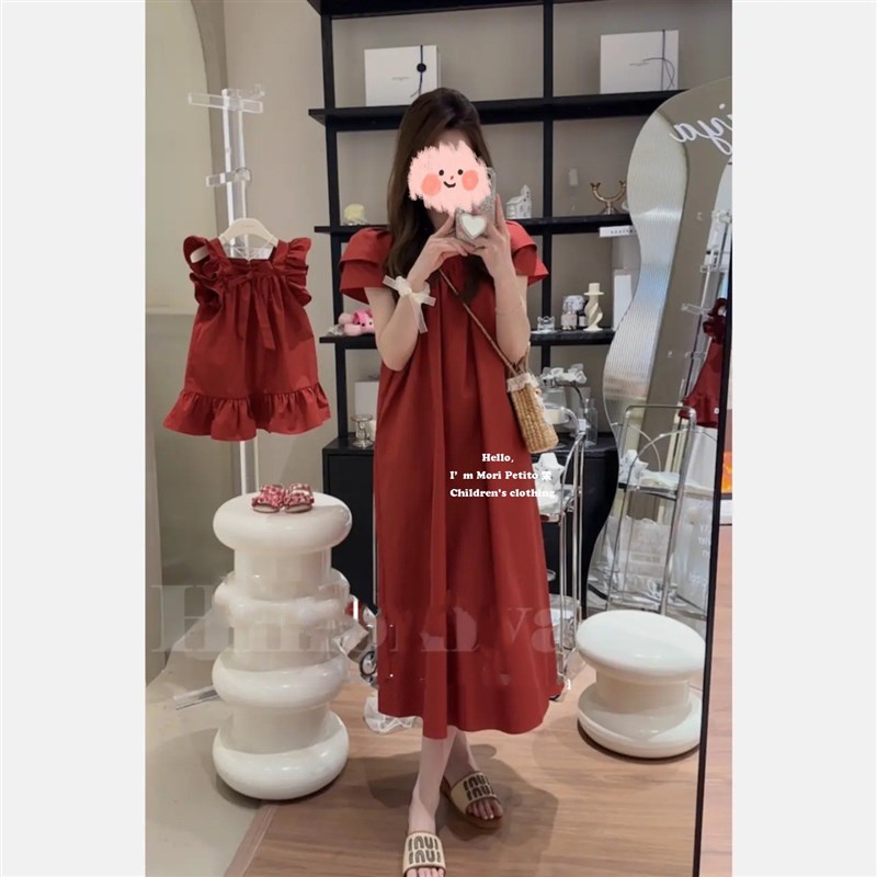 亲子装夏装女童连衣裙红色飞袖棉麻宝宝裙子母女装