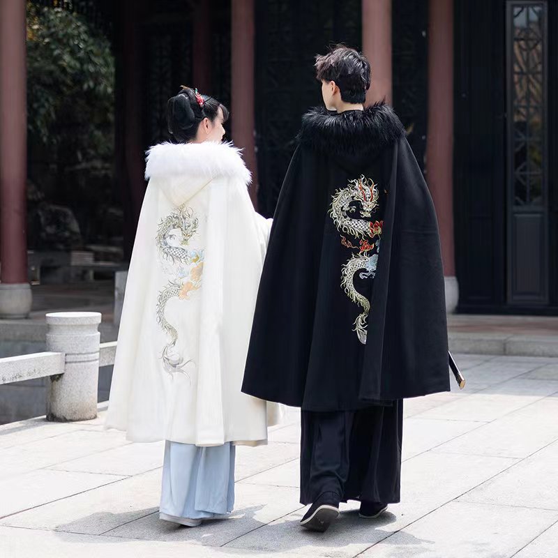 秋冬汉服男龙纹斗篷披风情侣黑红色学生帅气O侠客交领国潮大码古