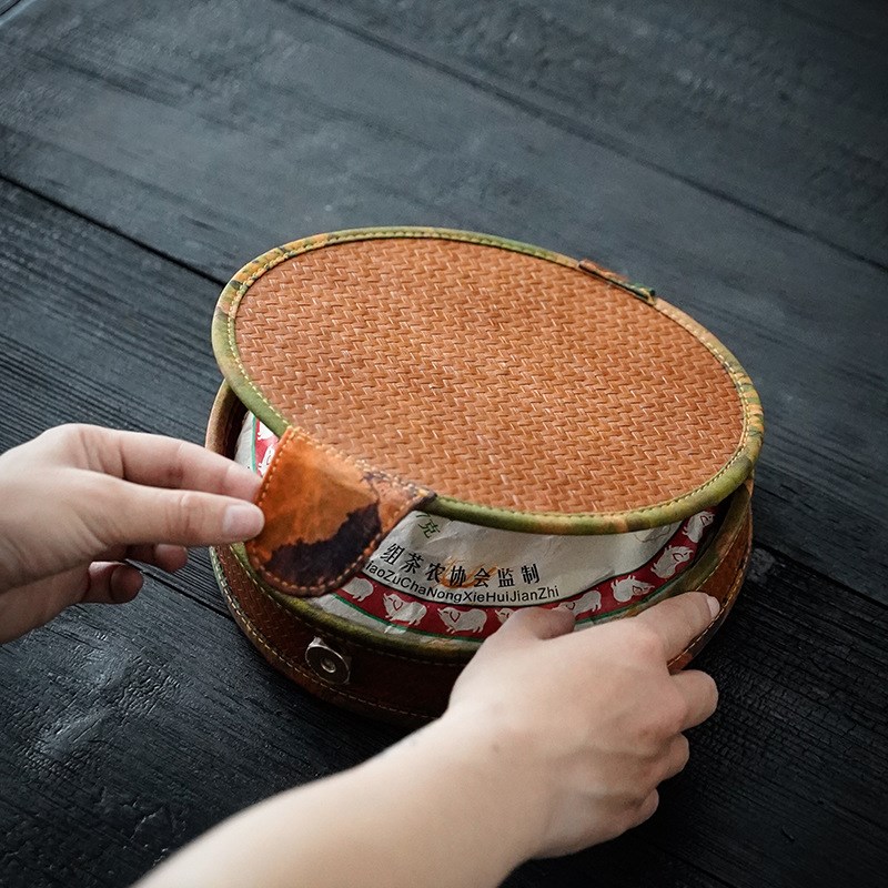 云窝手工竹编香云纱m茶饼盒普洱茶叶收纳盒茶道配件复古茶具礼品