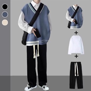 春秋季套a装男V领毛衣背心韩版叠穿学院风潮流男装一套搭配三件套