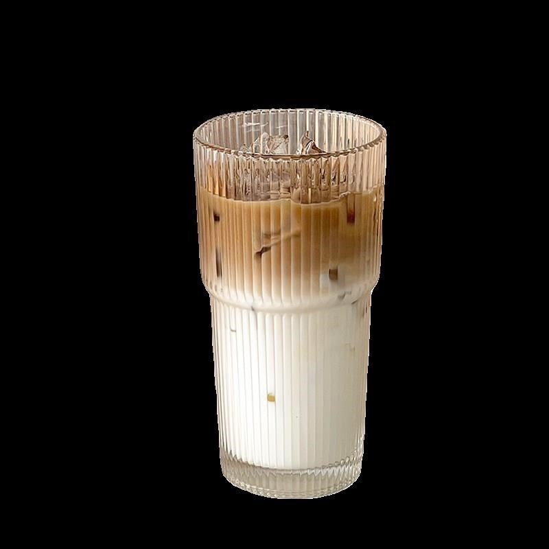 大容量竖纹玻璃吸管杯喝水杯子带盖冰F美式拿铁咖啡杯冷饮品奶茶