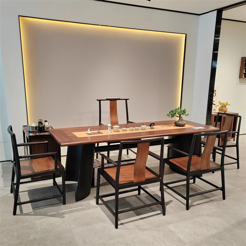 新中式禅意白蜡木茶桌椅组合家用客厅北美黑胡桃木茶台高端泡茶桌