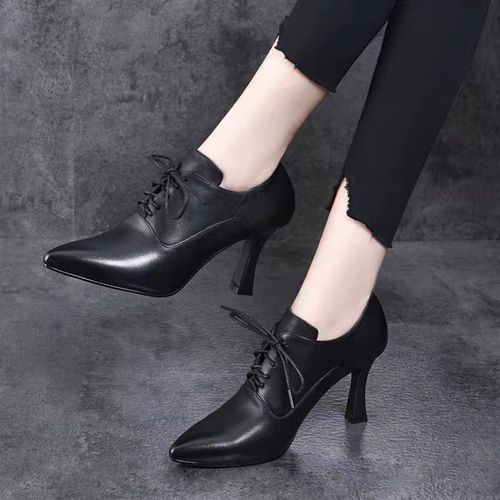 真皮鞋2023新款春季细跟高跟鞋尖头春款系带单鞋春秋深口女鞋百搭