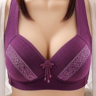 中老年大码聚拢薄款光面文胸罩无钢圈聚拢四排扣美背妈妈女士内衣