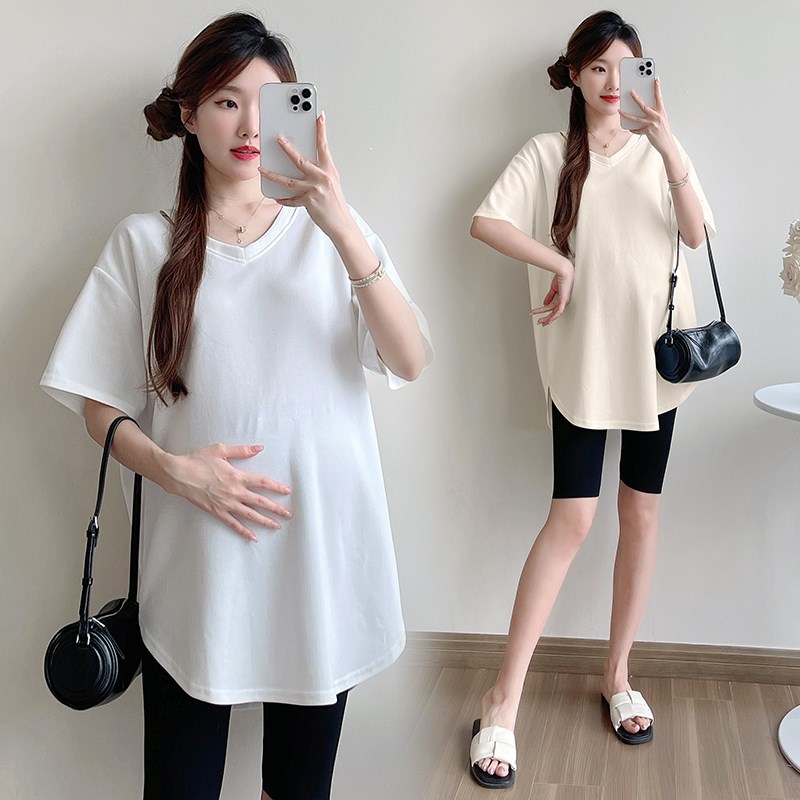 孕妇装夏装短袖V领上衣2024新款韩版网红中长款连衣裙宽松纯棉T恤