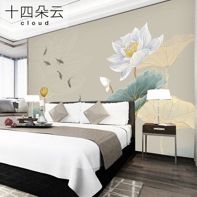 九鱼图定制壁画金边意境荷叶莲蓬客厅电视背景墙壁纸布茶室书房