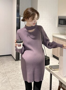 精致辣妈~过年红色孕妇毛衣中长款秋冬韩版时尚镂空打底针织裙春