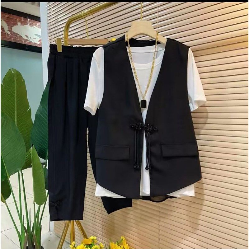 加肥大码女装套装V领盘扣马甲半袖T恤衫长裤胖妹妹简约休闲三件套,女装/女士精品,大码套装,淘宝优惠券,粉丝福利购,淘宝优惠卷