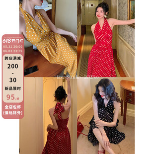 Haze禾枝  港风复古挂脖气质波点连衣裙女2023夏季收腰显瘦a字裙