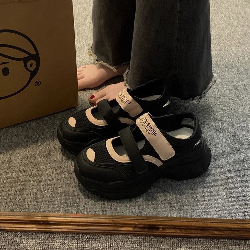 夏季老爹鞋女2023年新款网面透气镂空魔术贴包头T厚底增高运动凉