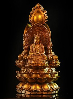 纯黄铜 婆娑三圣三面佛 供奉神像释迦摩尼佛祖观音地藏王菩萨摆件