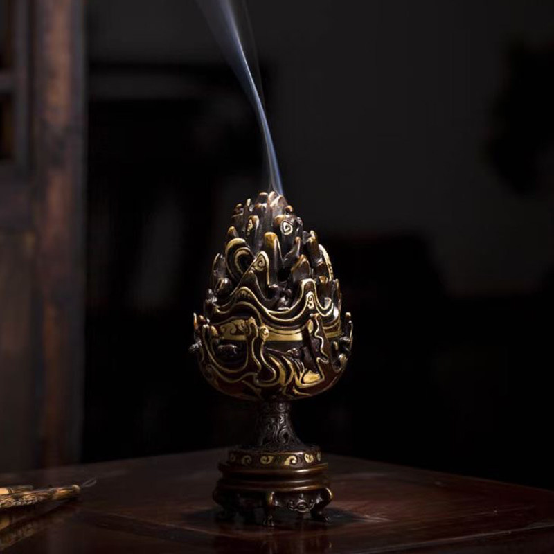 见素香坊新品 陈巧生制带座仿汉描金博山炉 小博山铜熏炉C067-2-6,家居饰品,香薰炉,淘宝优惠券,粉丝福利购,淘宝优惠卷