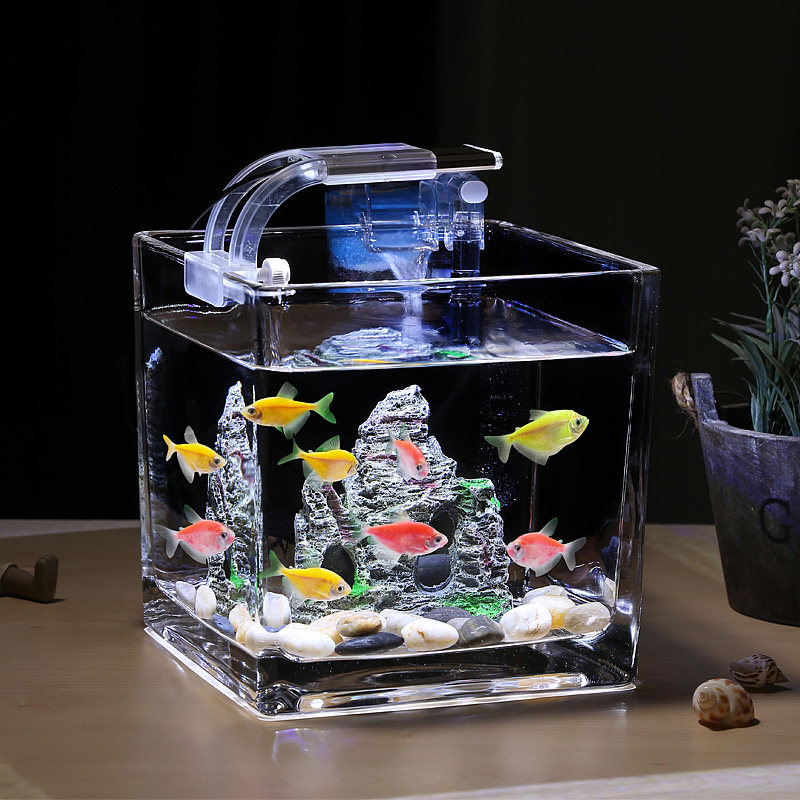 迷你方形小号玻璃鱼缸透明办公室桌面免换水斗鱼生态灯光摆件加厚
