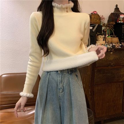 加绒毛衣女保暖加厚一体绒内搭半高领打底衫秋冬高级感超好看上衣