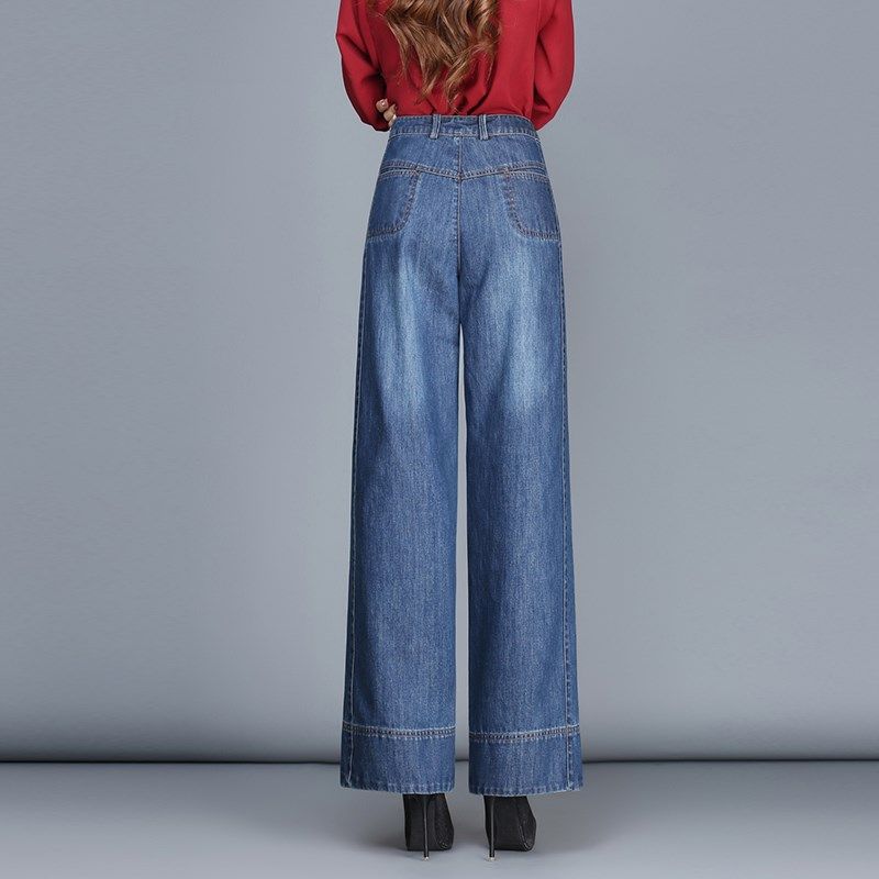 澜懿女裤秋冬厚翻边高腰牛仔裤大码阔腿裤宽边九分直筒肥腿裤长