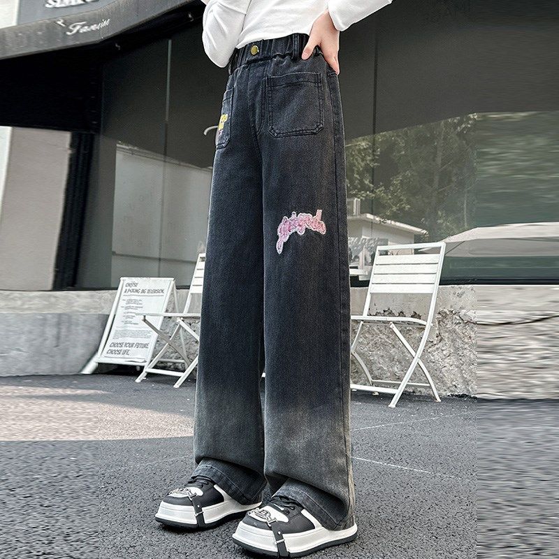 女童牛仔裤春秋款儿童秋装女孩窄版阔腿裤初中生渐变直筒裤子大童