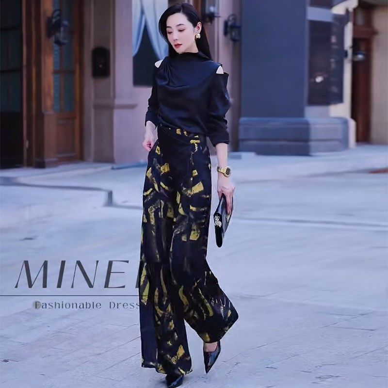 秋冬季新款百搭时尚气质露肩长袖上衣+高腰阔腿裤两件套女潮,女装/女士精品,时尚套装,淘宝优惠券,粉丝福利购,淘宝优惠卷