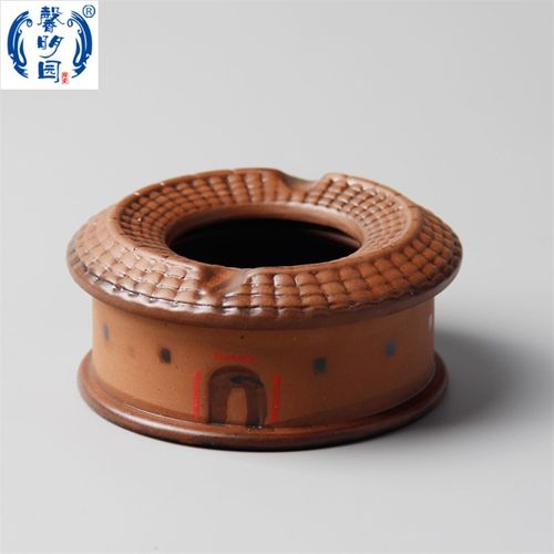 大埔馨明园陶瓷 全手绘青花瓷/彩陶土楼烟灰缸 围龙屋烟盅 包邮