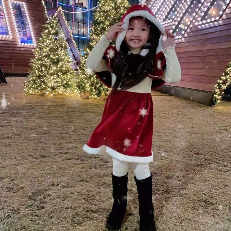 女童红色圣诞裙秋冬季礼服裙斗篷套裙新年公主裙小女孩连衣裙韩国